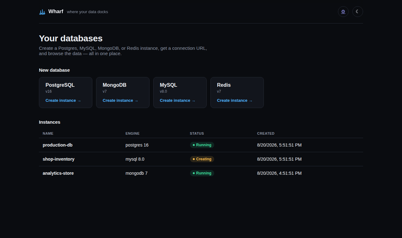 Wharf dashboard listing running database instances with their engine, status, and creation time