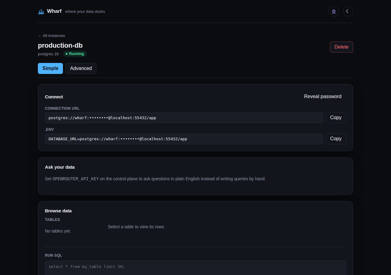 Wharf instance page in Simple view, showing the connection URL, an env snippet, and a browse-data panel